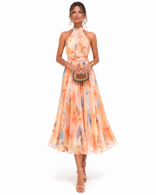 Aurelia | Elegantes Neckholder Maxi-Kleid mit Aquarelldruck 0