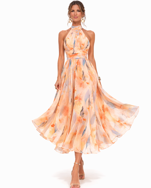 Aurelia | Elegantes Neckholder Maxi-Kleid mit Aquarelldruck 1